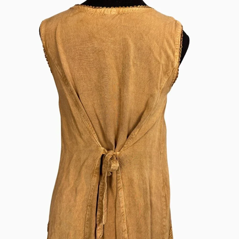 Boho Fairy Floral Embroidered Dress Tan Festival  Asymmetrical Hem Western - Picture 6 of 7
